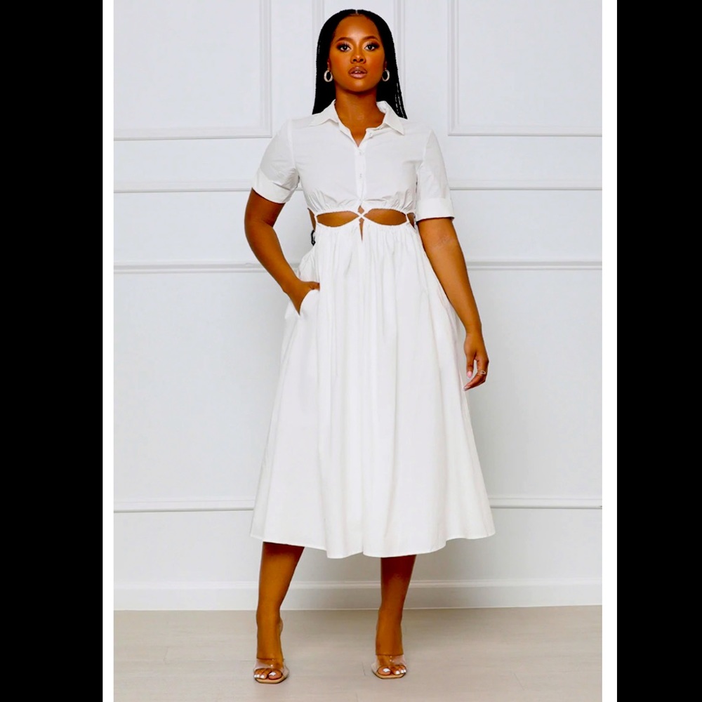 White midi dress, cutout waist, with POCKETS❤️❤️❤️
